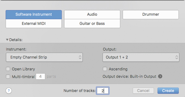 A screenshot of the new track dialog box shows the 'Software Instrument' tab selected. The number of tracks field at the bottom of the dialog box is entered as 2.