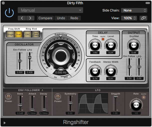 A screenshot depicts the ring shifter plug-in window. It consists of various control options such as buttons for frequency shift, and ring mod, a control knob for frequency, two knobs each for controlling the delay, output, and etcetera.