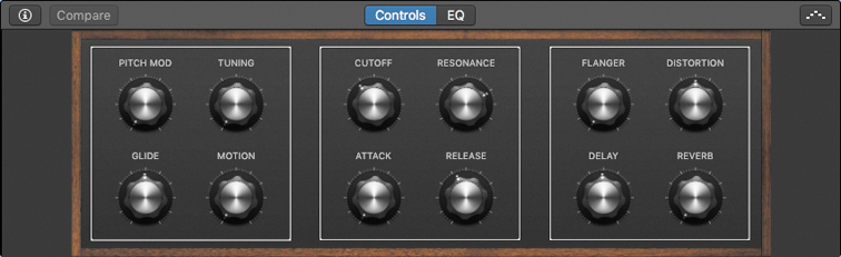A snapshot depicts the 12 controls knobs available under the controls tab. it consists of 3 sections wherein each section contains 4 knobs. Some of the control knobs include tuning, slide, and motion.