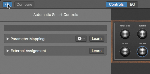 A snapshot depicts the selection of the Inspector button at the upper left corner of the smart controls pane.