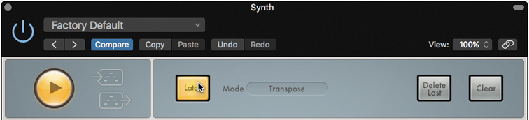 The Arpeggiator window is shown. Compare option is selected and then Latch is selected.