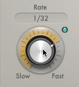The rate knob in the Arpeggiator window is shown. The knob ranges from slow (left end) to fast (right end). The knob is set to 1/32.