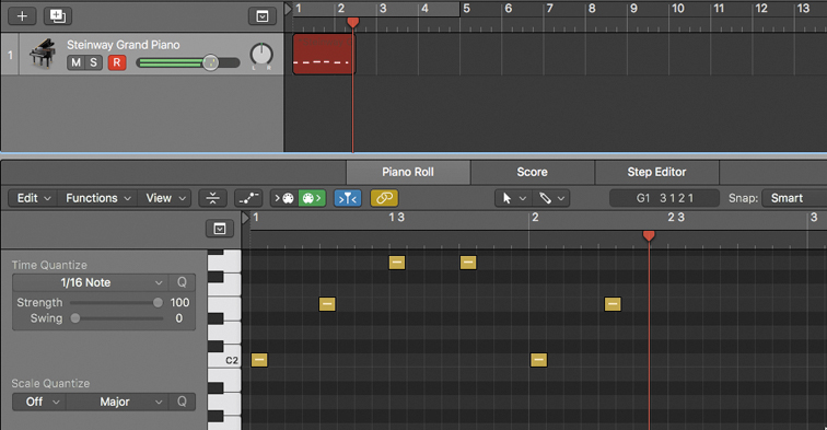 A screenshot shows a simple bass line on a track.
