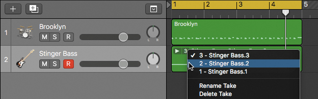 The workspace of Logic Pro X interface shows a pop-up menu over the region of the stinger bass. The popup menu lists stinger bass 1, stinger bass 2, and stinger bass 1, in which 'stinger bass 2' is selected.