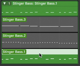 A snapshot of the take folder menu lists the following from bottom to top under stinger bass: Stinger bass 1, stinger bass 2, and stinger bass 3. The "stinger bass 1" option is selected.