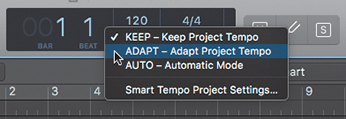 A screenshot shows the project tempo pop-up menu. The option, ADAPT-adapt project tempo is selected.