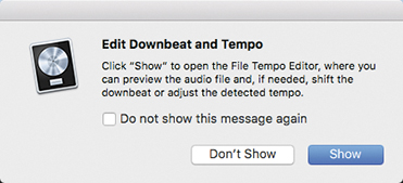 An alert message regarding downbeat and tempo is shown. Opening of file tempo editor will allow you to edit the detected tempo or downbeat. Don't show and show buttons are present.