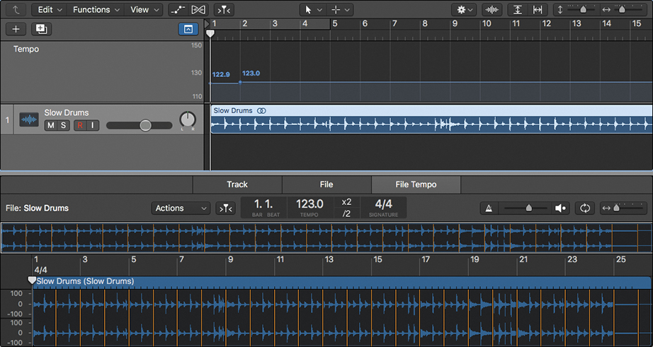 A screenshot illustrates the file tempo editor of Logic Pro X.