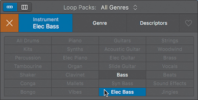 A screenshot of the loop browser shows the instrument section. The tabs present are, instrument, genre, and descriptors. Elec Bass keyword button is clicked.