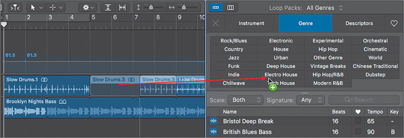A screenshot of the loop browser and workspace in Logic Pro X is shown.