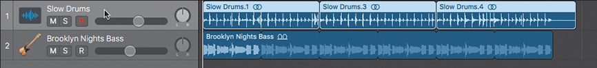 A screenshot shows two tracks in the workspace. The slow drums and brooklyn nights bass are the two tracks. Slow drums track header is selected. This track consists of three regions.