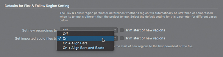 A screenshot of settings window shows the defaults for flex and follow region setting. The set new recordings to pop-up menu is selected and the ON option is selected.