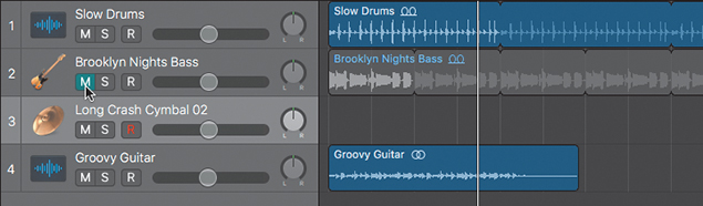 A screenshot shows the workspace of Logic pro X. The tracks, slow drums_2, brooklyn nights bass, long crash cymbal 02, and groovy guitar. The Brooklyn nights bass track is muted by clicking the mute button (M). Recording of cymbal 02 track is disabled.