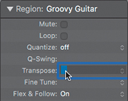 A screenshot of the region inspector area is shown. The region selected is groovy guitar. The transpose parameter is selected. A slider is present in the transpose parameter.
