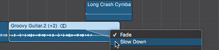 A screenshot of the workspace area shows the Groovy Guitar track region looped at bar 9. The fade-out is control-clicked and the slow down option is selected.