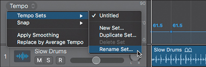A screenshot of the tempo track header is shown. The tempo pop-up menu is clicked and the Tempo Sets is selected followed by Rename Sets.