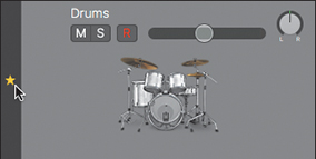 A screenshot of the track header is shown. The track header of the Drums track is shown. The mouse is positioned over the track number (1) of the Drums track. Instead of the track number, a gold star appears.