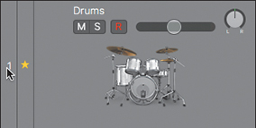 A screenshot shows the track header of the Drums track. The gold star in the left side of the track header is clicked. The gold star moves to a new column and the track number appears in the further left of the track header.