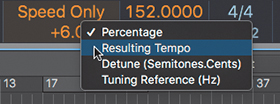A screenshot of the Varispeed display is shown. The percentage symbol in the display is clicked and a pop-up menu appears. The following options are given in the pop-up menu: percentage, resulting tempo, detune, and tuning reference. The resulting tempo option is selected.