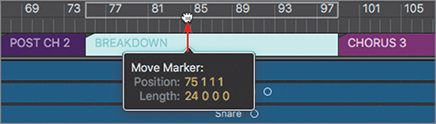 A screenshot of the workspace is shown. The Breakdown marker (at bar 75) from the global Marker track is moved to the upper half of the ruler. The help tag displayed while moving the tracker shows the position as "75 1 1 1" and length as "24 0 0 0."