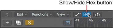 A screenshot of the tracks area menu bar is shown. The show or hide flex button is present between the show or hide automation button and catch button. The show or hide flex button is clicked.