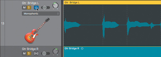 A screenshot of the Tracks area is shown. The track flex button in the Gtr Bridge L (track number 13) is clicked. The Gtr Bridge region is now darker and transient markers are present.