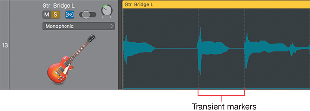 A screenshot of the tracks region shows the track header and track region of the track Gtr Bridge L. The track is darker as the Track Flex button is clicked. The transient markers at the start of new notes are labeled in the figure.