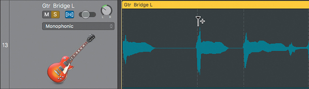 The track header and track region of the Gtr Bridge L track (track number 13) is shown. The mouse pointer is placed over the transient marker of the second note. The mouse pointer changes to a flex tool (looks like a single marker with a plus sign).