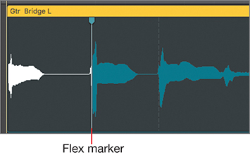 A screenshot of the track region of the Gtr Bridge L in the workspace is shown. The flex marker (labeled in the diagram) is positioned at the start of the second note and looks like a bright vertical line with a handle at the top.