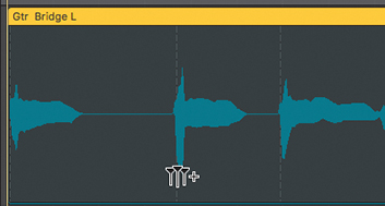 A screenshot of the track region of the Gtr Bridge L in the workspace is shown. The cursor placed over the transient marker, in the lower half of the waveform looks like three flex markers with a plus sign.
