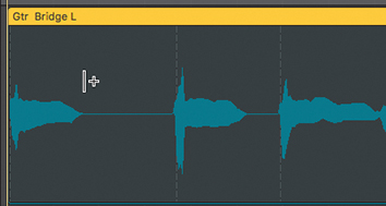 The Gtr Bridge L region in the workspace is shown. The mouse pointer (looks like a single flex marker with a plus sign) is placed between the first and second notes in the upper half of the waveform, away from transient markers.