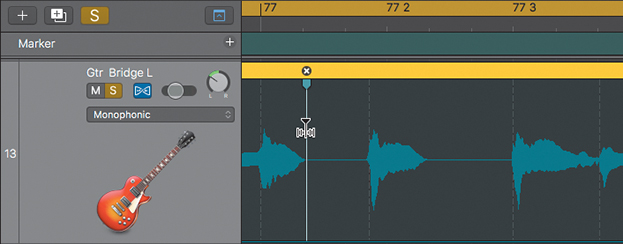 A screenshot of the Tracks area shows the track header and track region of the Gtr Bridge L track. The workspace region is scrolled till bar 77. The numbers 77, 77.2 and 77.3 are visible (zoomed). The upper half of the waveform after the note is clicked to create a flex marker.
