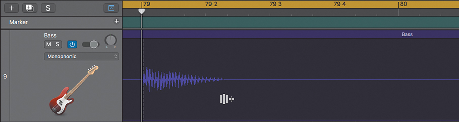 The workspace of Logic Pro X interface shows a waveform, where a mouse pointer is positioned at the lower half of the waveform.