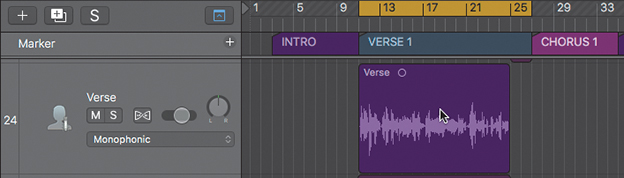 The Logic Pro X workspace shows verse track header on the tracks area and the verse track region in the workspace between the bars 11 to 24. This verse region is selected.