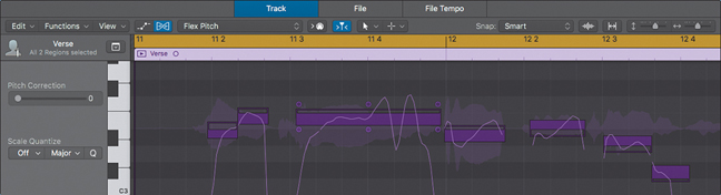 The main window of Logic Pro X interface shows a waveform, where the note pitches on the grid are represented as beams and those beams are shaded.