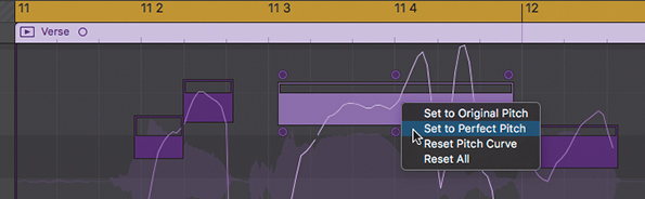 The Logic Pro X workspace shows the pitch curve of verse track, where the first two notes between the bars 112 to 114 are short, and the third note at beam 114 is sharp. A pop-up menu that appears on clicking the beam is shown in which "set to perfect pitch" option is selected.
