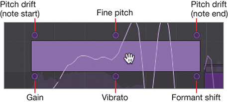 A snapshot shows the zoomed view of a shaded beam where a mouse pointer is positioned over the beam. The hotspots that appear around the beam on placing the pointer shows the following elements, pitch drift (note start), fine pitch, pitch drift (note end), gain, vibrato, and format shift.