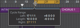 The Logic Pro X workspace shows the dragging of the cycle area to bar 17, which displays a help tag that reads, cycle range: left is 17 1 1 1 and plus 6 0 0 0, length id 10 0 0 0 and minus 6 0 0 0, right is 27 1 1 1.