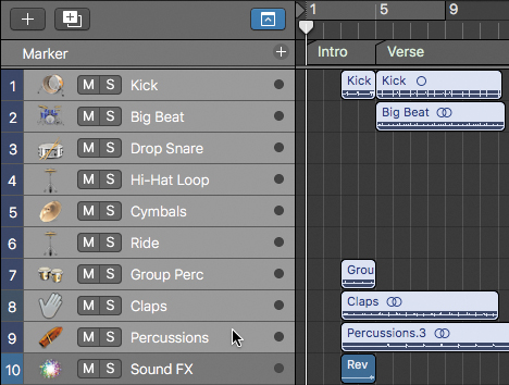 A screenshot lists ten tracks starting from 'Kick' track to 'sound FX' track in the control bar. The first nine tracks from 'kick' to 'percussions' are selected.