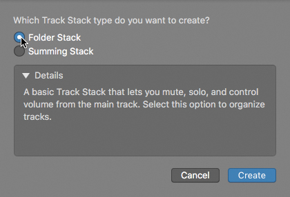 A track stack dialog box is shown. The dialog box lists two track stack types: folder stack and summing stack, in which folder stack is selected. The details of folder stack is shown below. The 'create' option is selected.