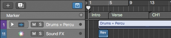 A screenshot depicts renaming a track stack. The track stack name on the track header (track 1) is double clicked and renamed as 'Drums plus Percu.'