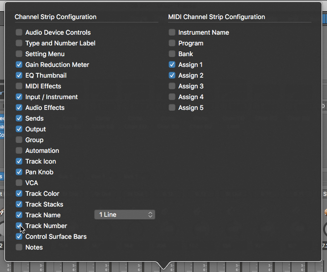 In the screenshot, following channel strip components are deselected: audio device controls, type and number label, setting menu, MIDI effects, group, automation, VCA, and notes. The rest are selected. In the MIDI channel strip components list, assign 1 and assign 2 are selected.
