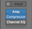 A screenshot displays two plug-ins under input header: compressor and channel EQ. By clicking the white line above the compressor plug-in, 'Amp' plug-in appears above it.