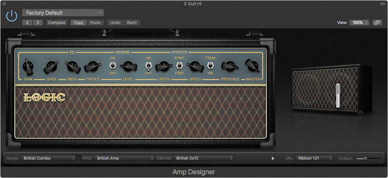 Amp Designer graphic interface is displayed. A power button followed by factory default is displayed on the top left corner. The amp and its parameters like EQ, reverb, and effects with several knobs are displayed at the center of the interface. The cabinet and microphone are displayed on the right.
