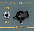 A reverb pop-up menu is shown. The menu includes an on/off toggle switch and a level knob. The knob points between 8 and 9 o' clock position.