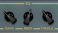 Three knobs are shown in the EQ section: Bass, Mids, and Treble. The Bass knob points to 10 o' clock position, Mids knob points between 12 and 1 o' clock position, and the Treble knob points to 11 o' clock position.