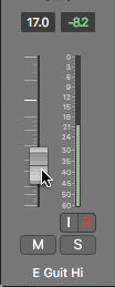 The E Guit Hi channel strip is shown. the volume fader is dragged to negative 17.0 decibel. The stereo field is set to negative 8.2.