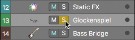 A control bar lists three tracks: Static FX (track 12), Glockenspiel (track 13), and Bass Bridge (track 14). The solo button of Glockenspiel track is selected.