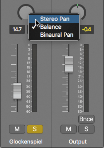 The Glockenspiel channel strip and its output strip are shown. The mouse pointer is placed over the pan knob of Glockenspiel channel strip and control key is pressed. A menu with three options: stereo pan, balance, and binaural plan appears, in which stereo pan is selected.