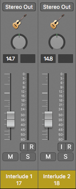The interlude 1 (track 17) and interlude 2 (track 18) channel strips are shown. The volume fader in Interlude 1 is set to 14.7 and in interlude 2 it is set to 14.8. The stereo out pan knobs are shown on the top.